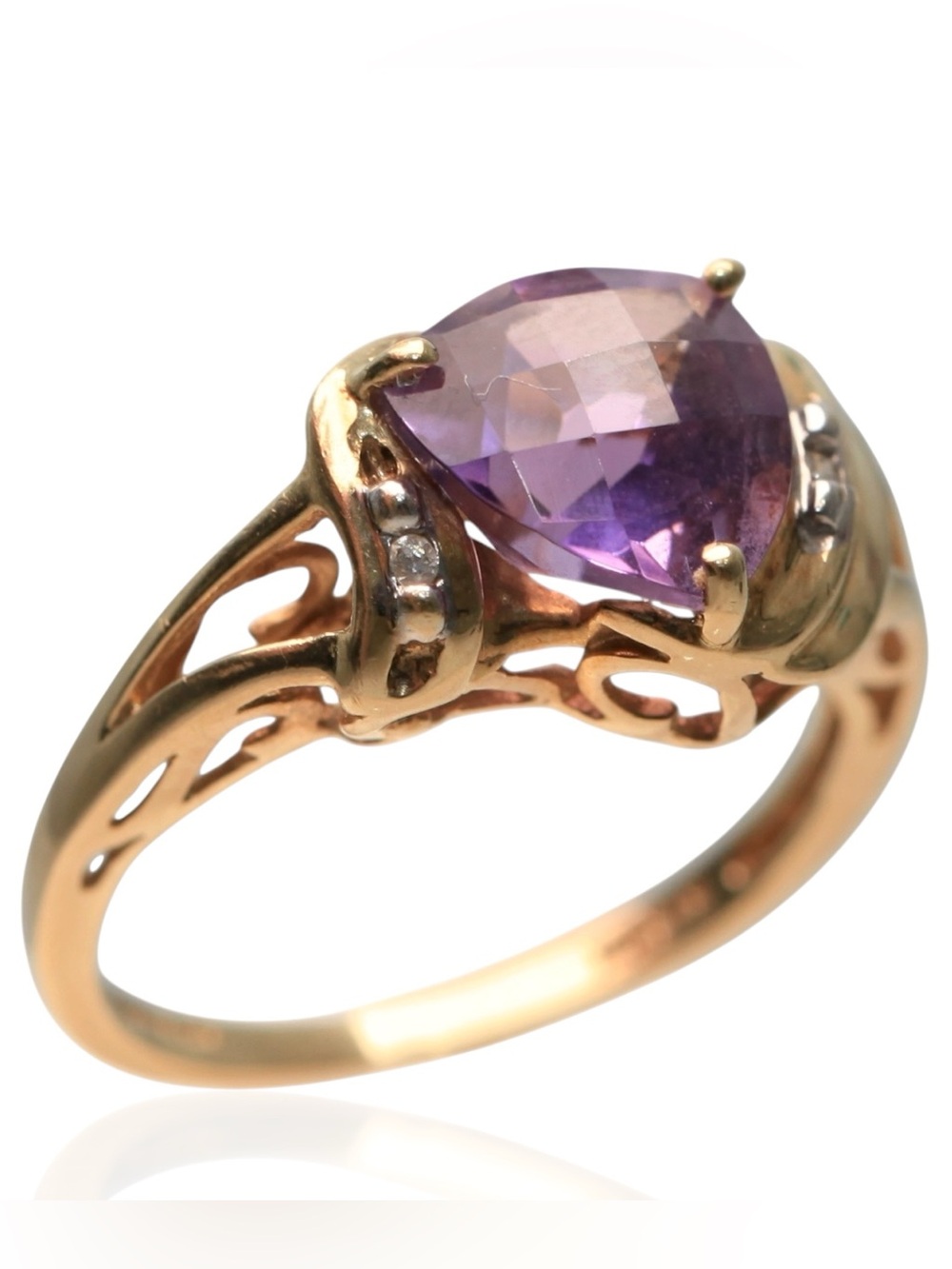 Vintage Modernist 10K Two Tone Gold Amethyst Diamond Cocktail Ring Size 7